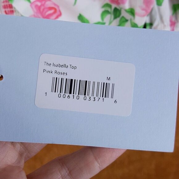 HILL HOUSE Womens Top Medium White Floral Crop Smocked THE ISABELLA Pink Roses - Picture 5 of 9